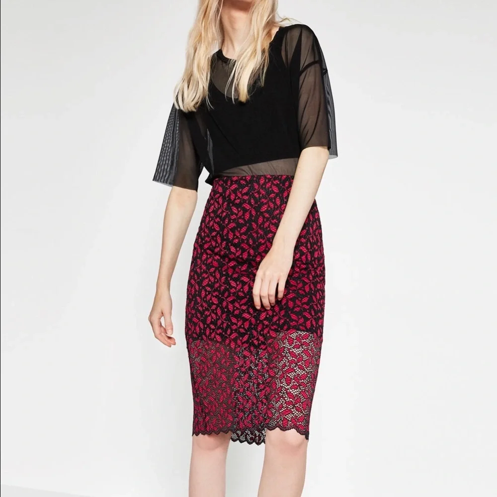 Zara midi length red & black lace skirt- small